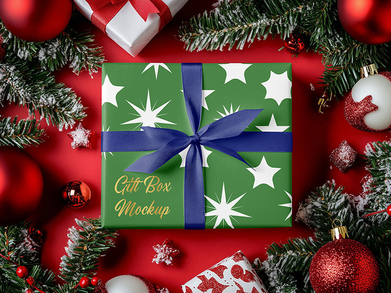 Free Wrapped Christmas Gift Mockup